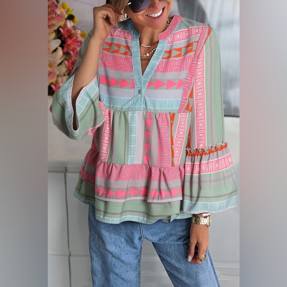 Multicolor V-Neck Boho bohemian tribal Aztec Geometric Print Ruffle Blouse - Picture 2 of 5